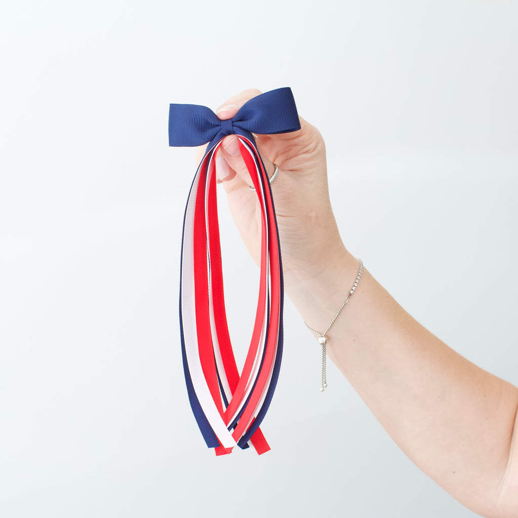 Red, white & blue tail pinch ribbon bow | 2 sizes | Clip or bobble
