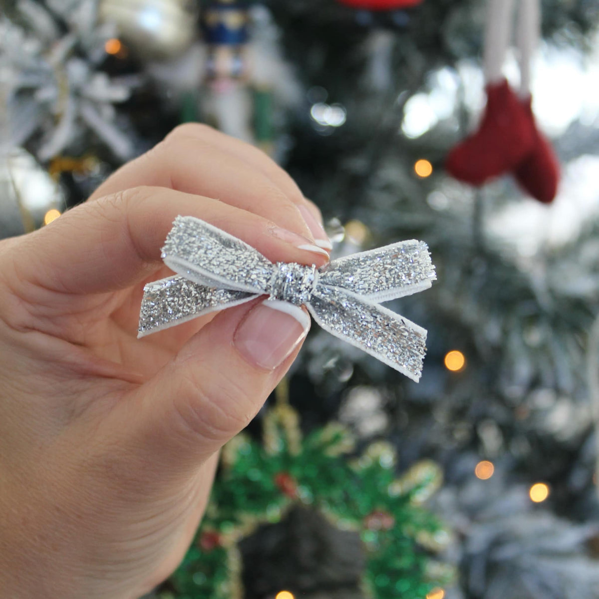 Silver hand tied glitter bow | Clip or headband