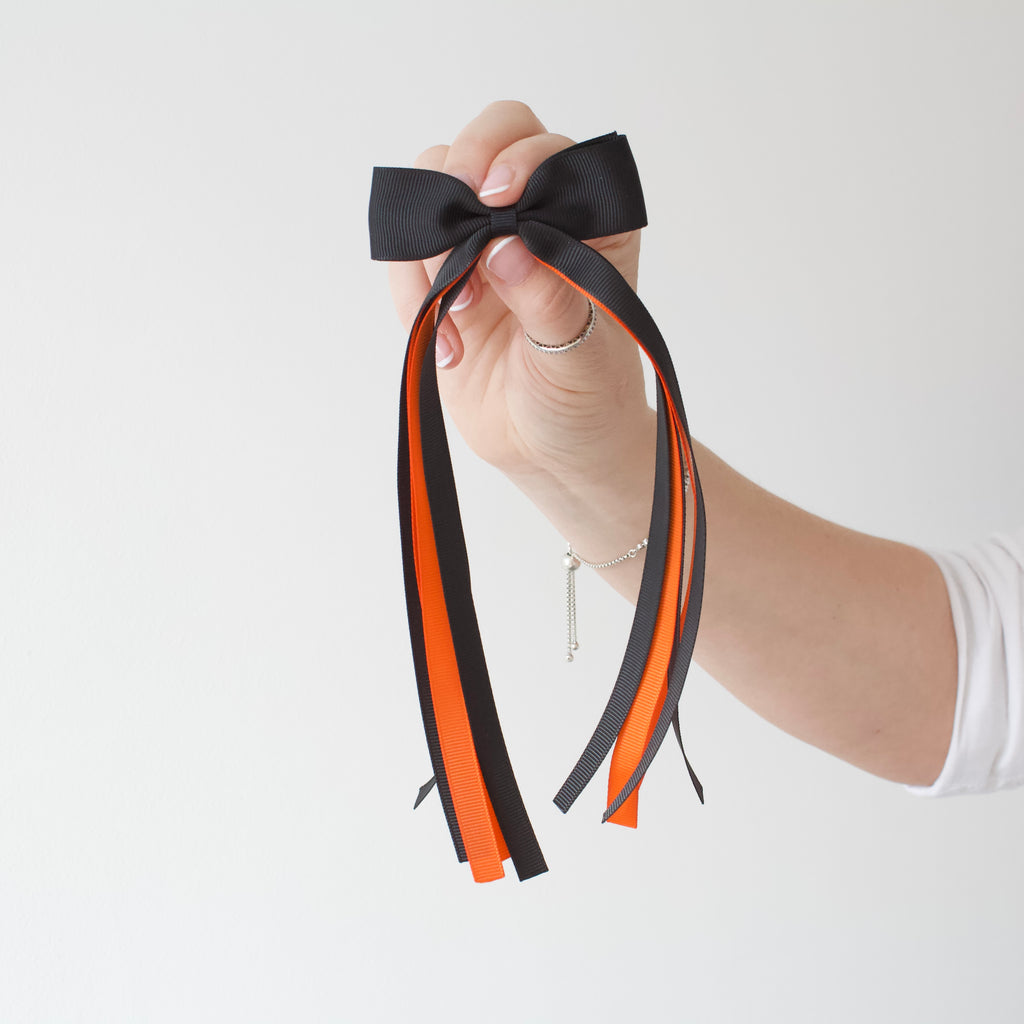 Orange and black tail pinch ribbon bow | 2 sizes | Clip or bobble