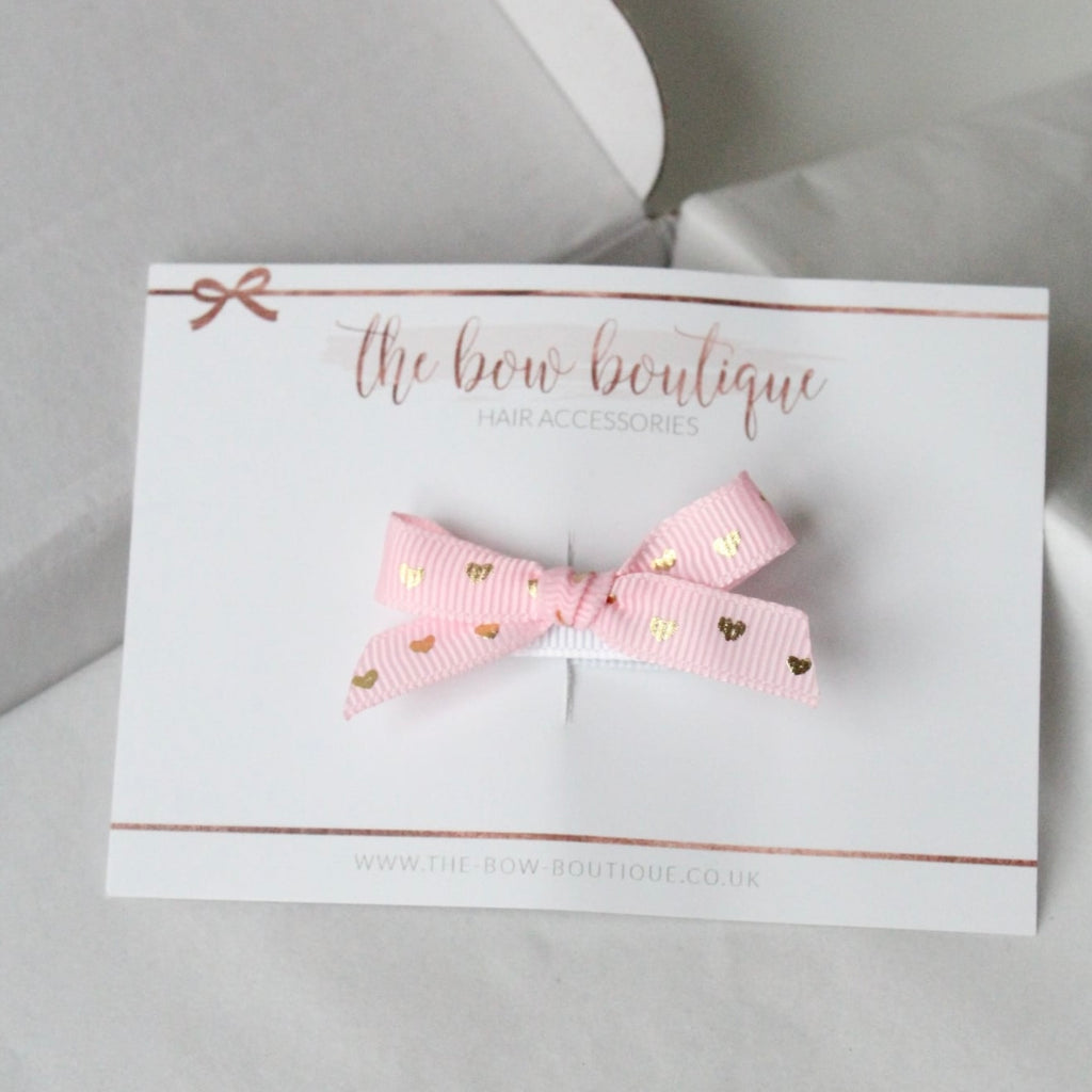 Pink & gold heart ribbon bow clips
