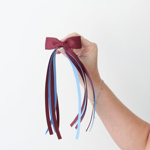 Burgundy & blue tail pinch ribbon bow | 2 sizes
