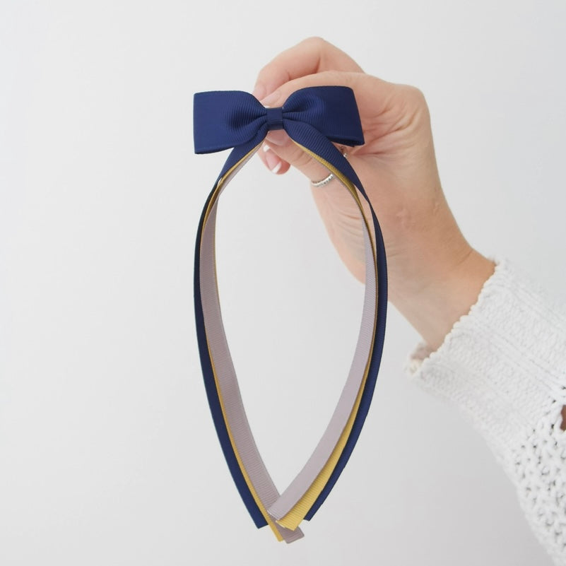 Navy, Gold & grey tail pinch ribbon bow | 2 sizes | Clip or bobble
