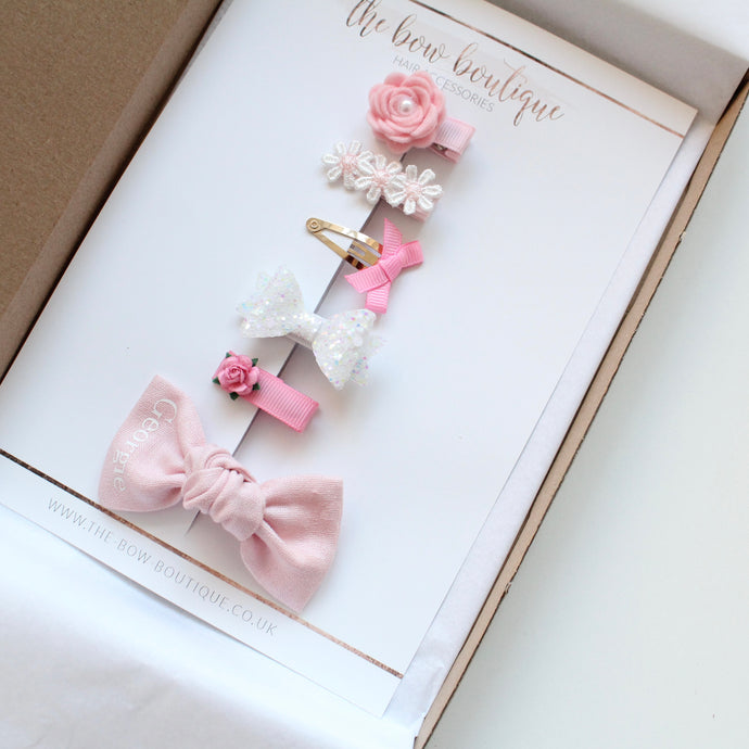 Personalised pink & white clip set