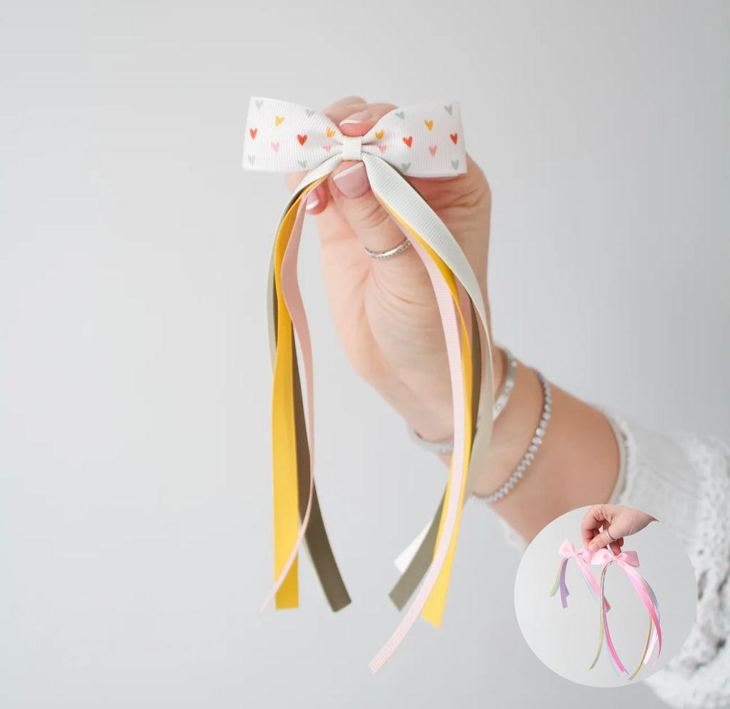 Neutral hearts tail pinch ribbon bow | 2 sizes | Clip or bobble