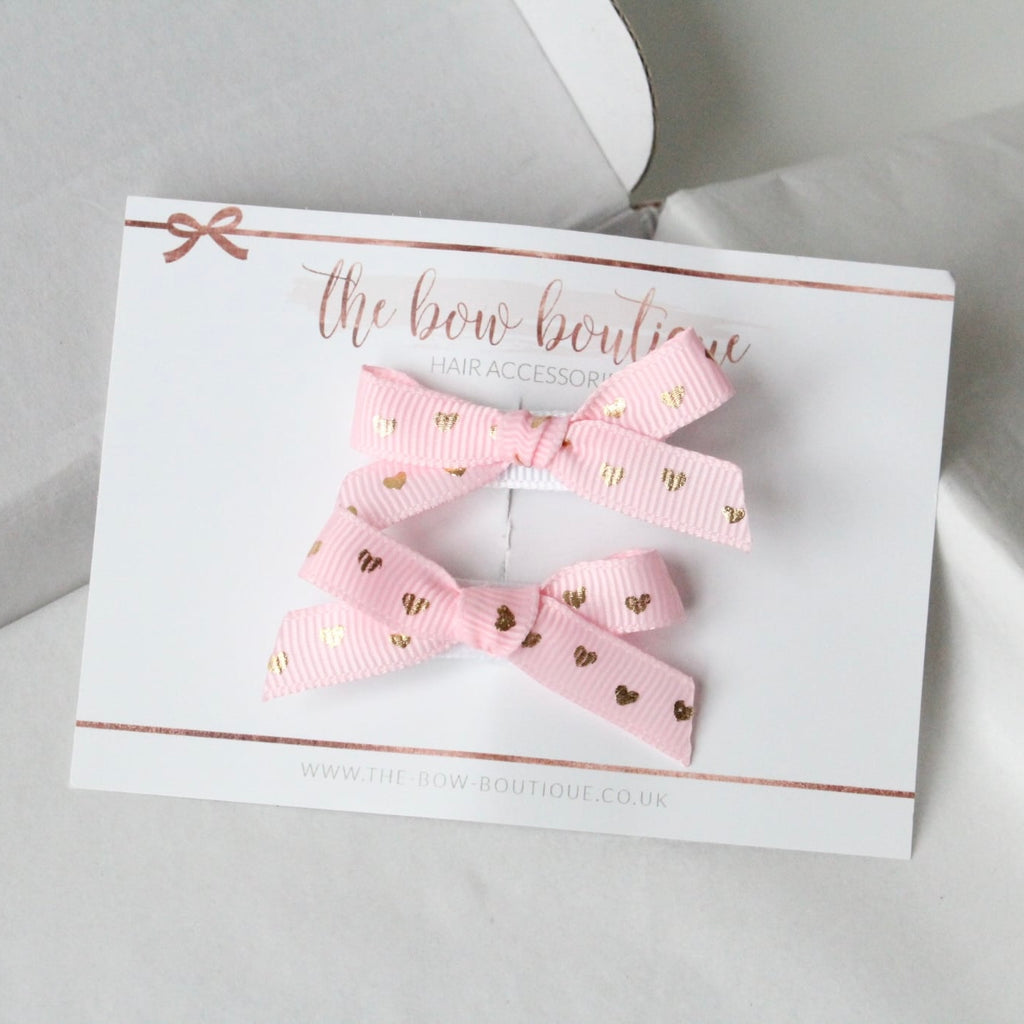 Pink & gold heart ribbon bow clips