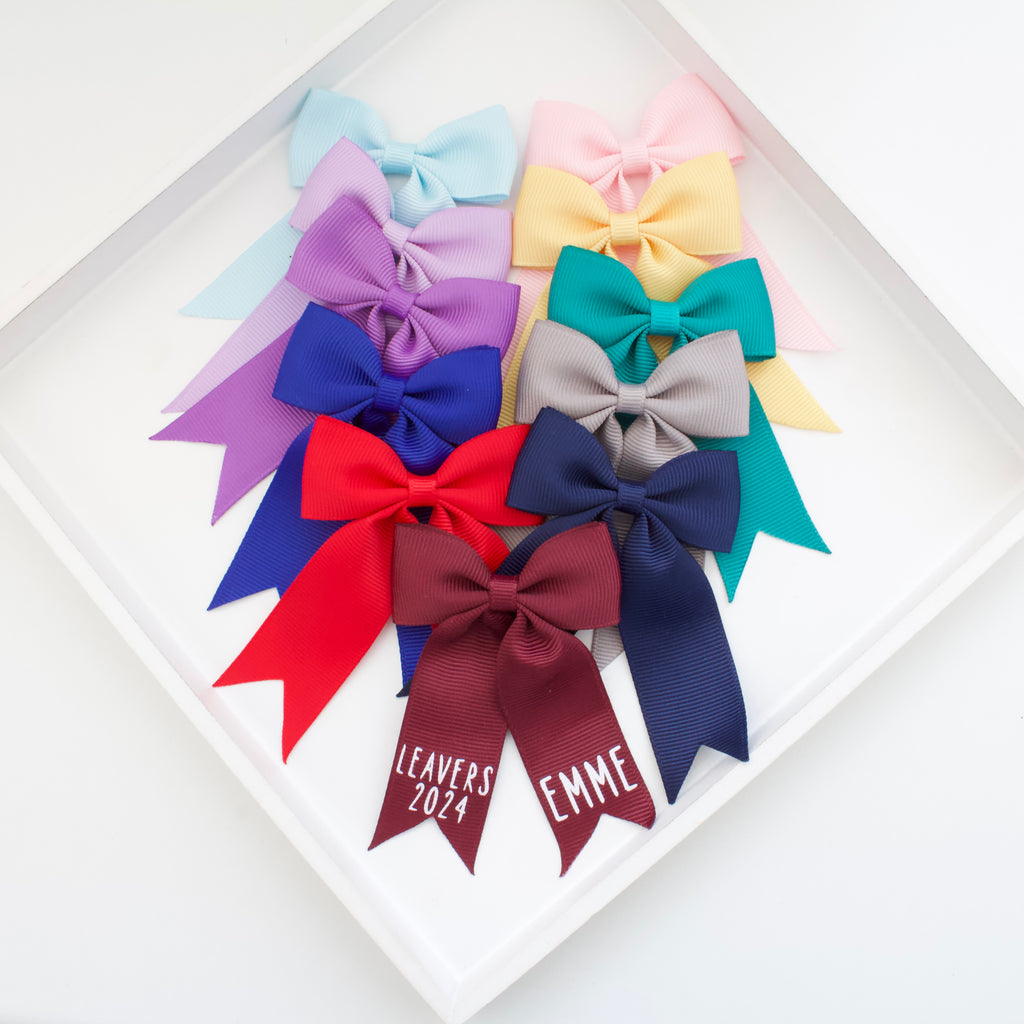 School leavers tail pinch ribbon bows | 13 colours | Option to personalise | Clip or bobble