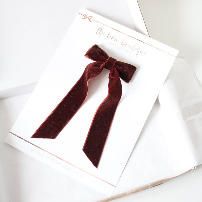 Chocolate long tail velvet bow