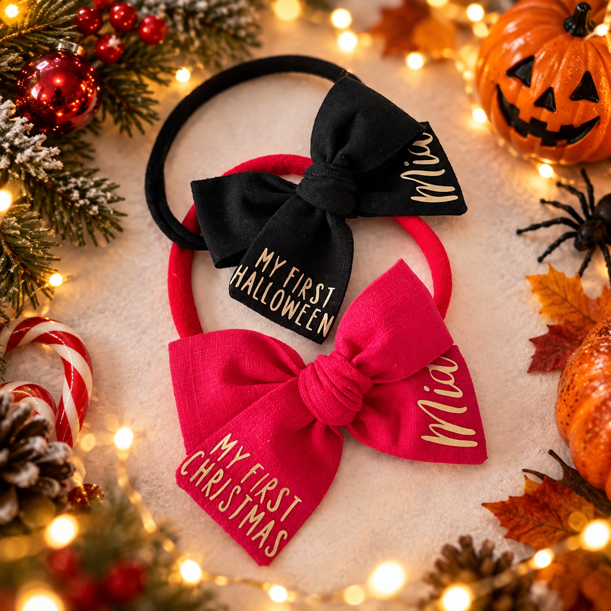 My first Halloween  & my first Christmas bows | Option to personalise | Clip or headband