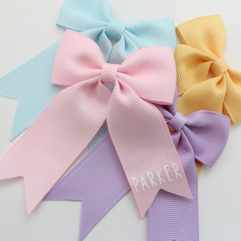 Personalised tail pinch ribbon bows | 33 colours | Clip or bobble