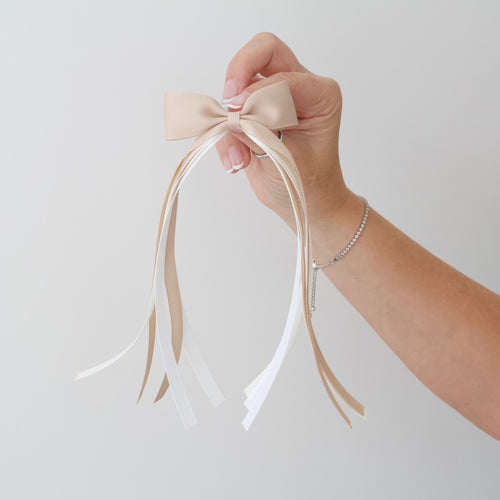 Beige tail pinch ribbon bow | 2 sizes| Clip or bobble