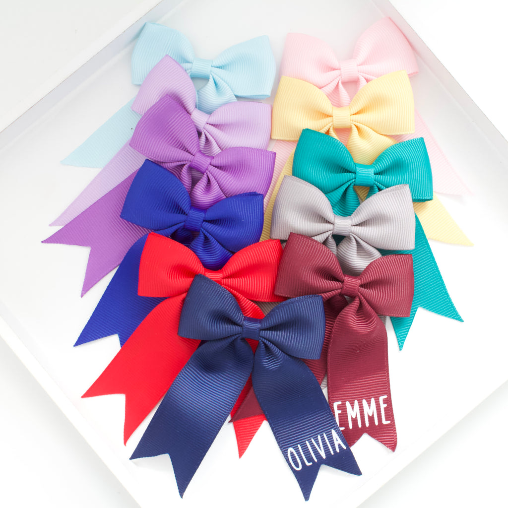 School tail pinch ribbon bows  | 13 colours | Option to personalise | Clip or bobble
