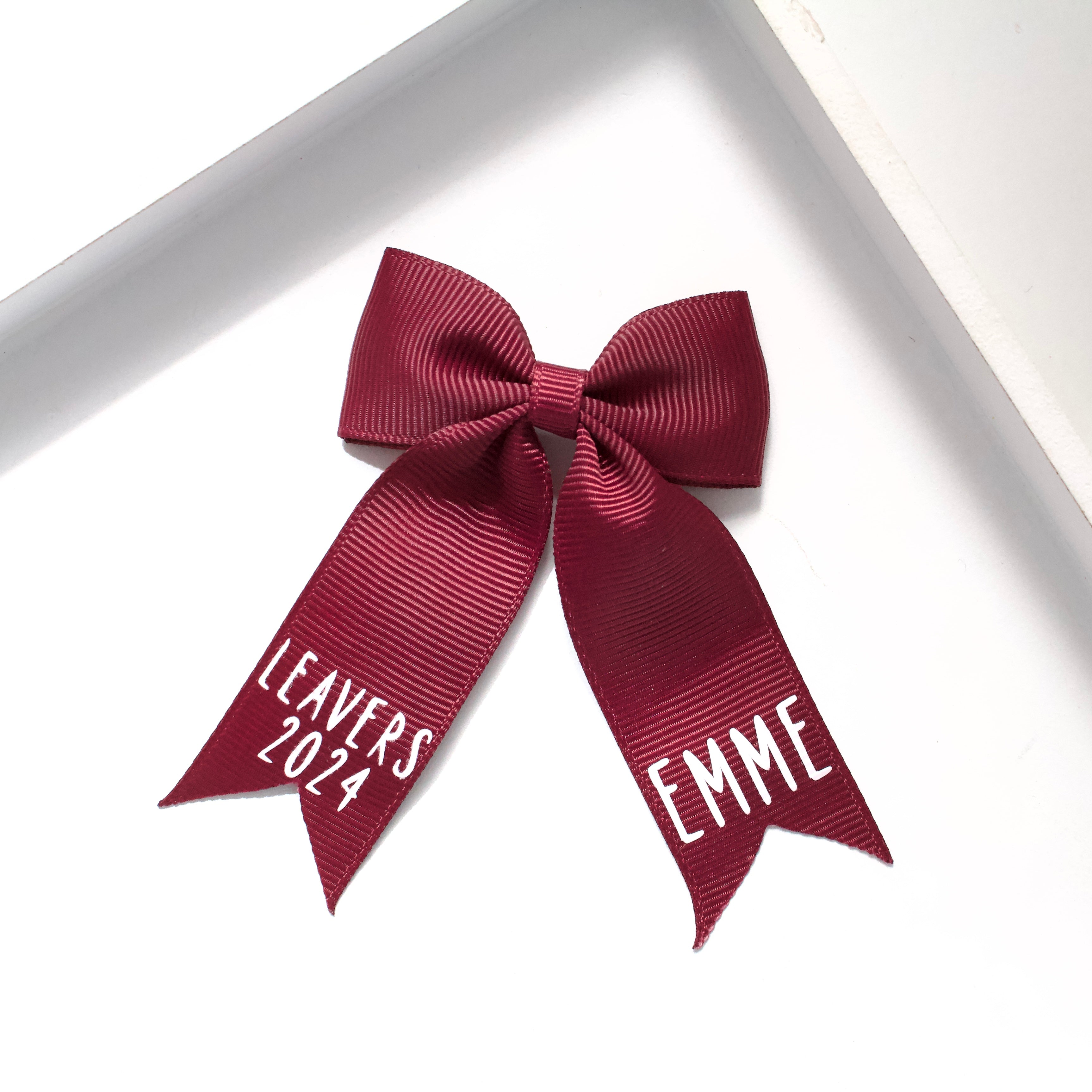 School leavers tail pinch ribbon bows | 13 colours | Option to personalise | Clip or bobble