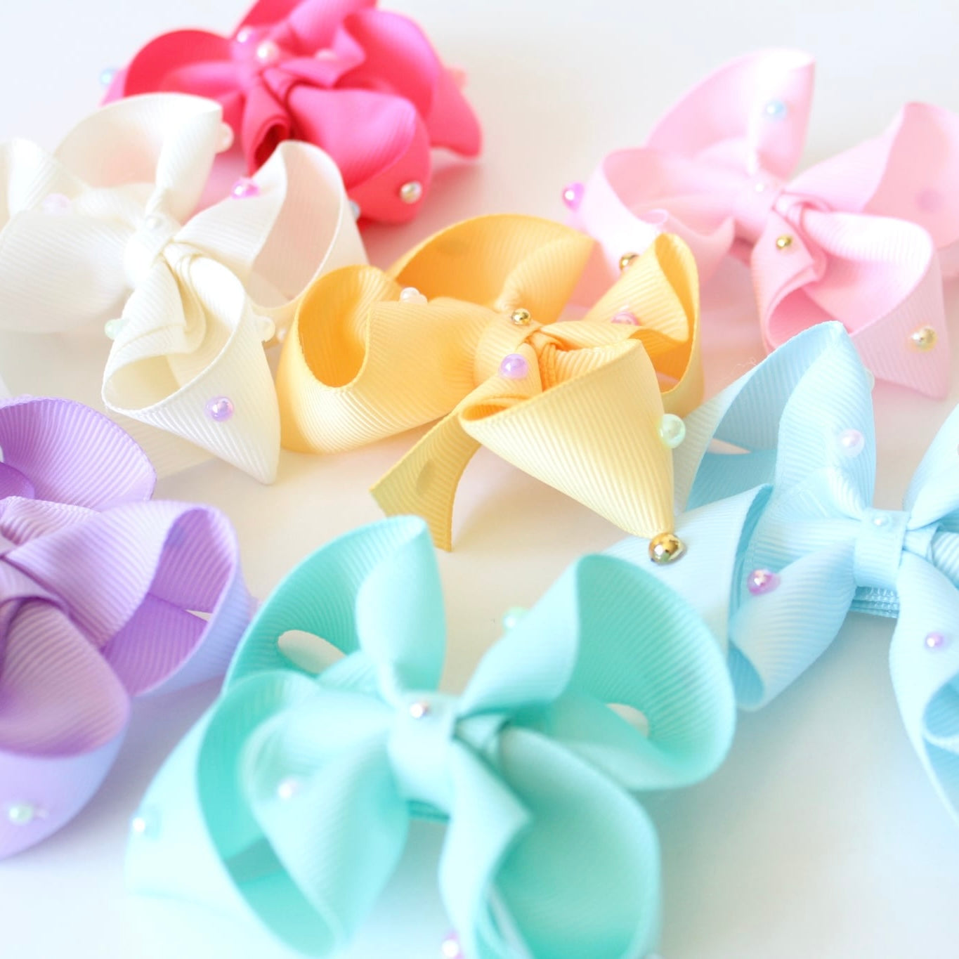 Colourfun pearl ribbon bows | 8 Colours | Clip, headband or bobble
