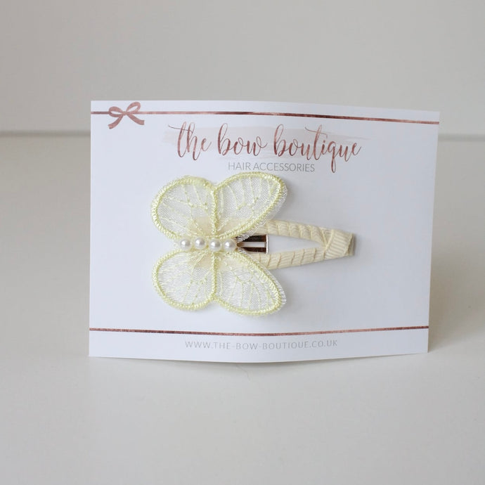 Delicate yellow pearl butterfly snappy clip