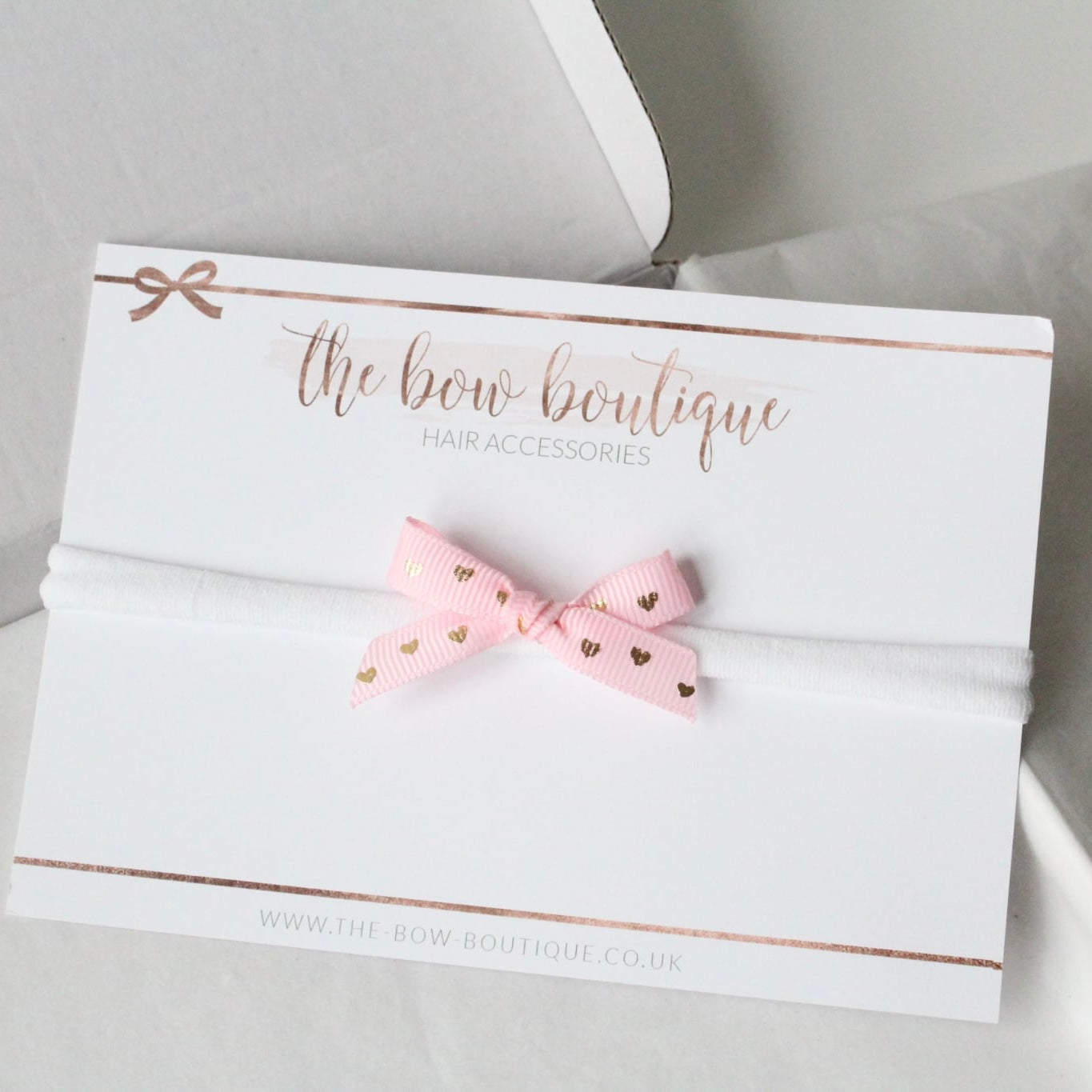 Pink & gold heart hand tied ribbon bow headband