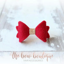 Load image into Gallery viewer, Red mini baby gold centre felt bow clip