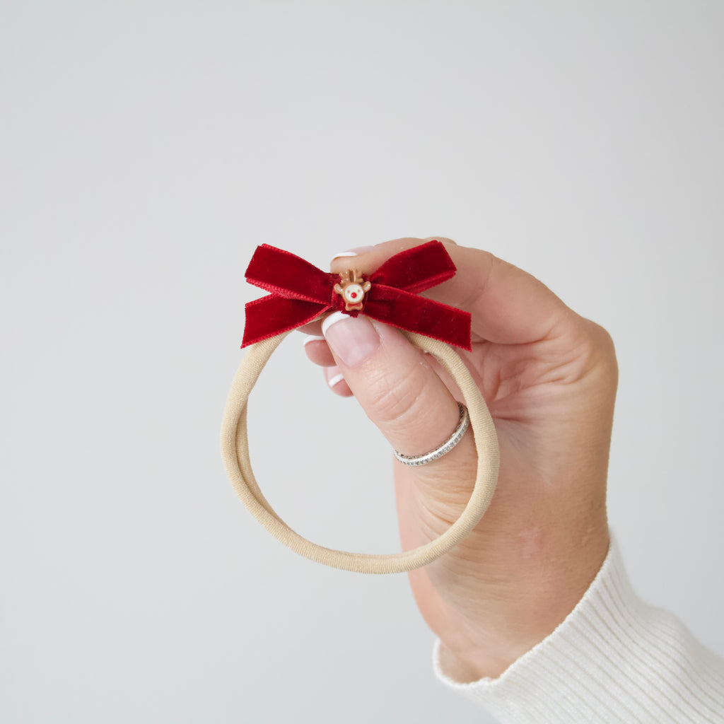 Christmas red reindeer velvet bow | Clip or headband