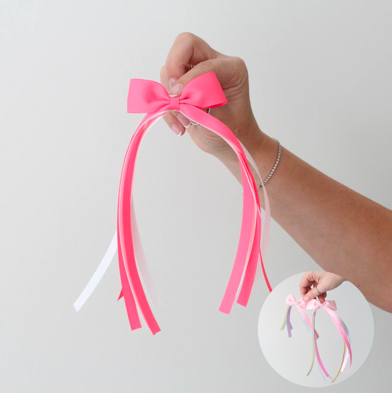 Bright pink tail pinch ribbon bow | 2 sizes | Clip or bobble