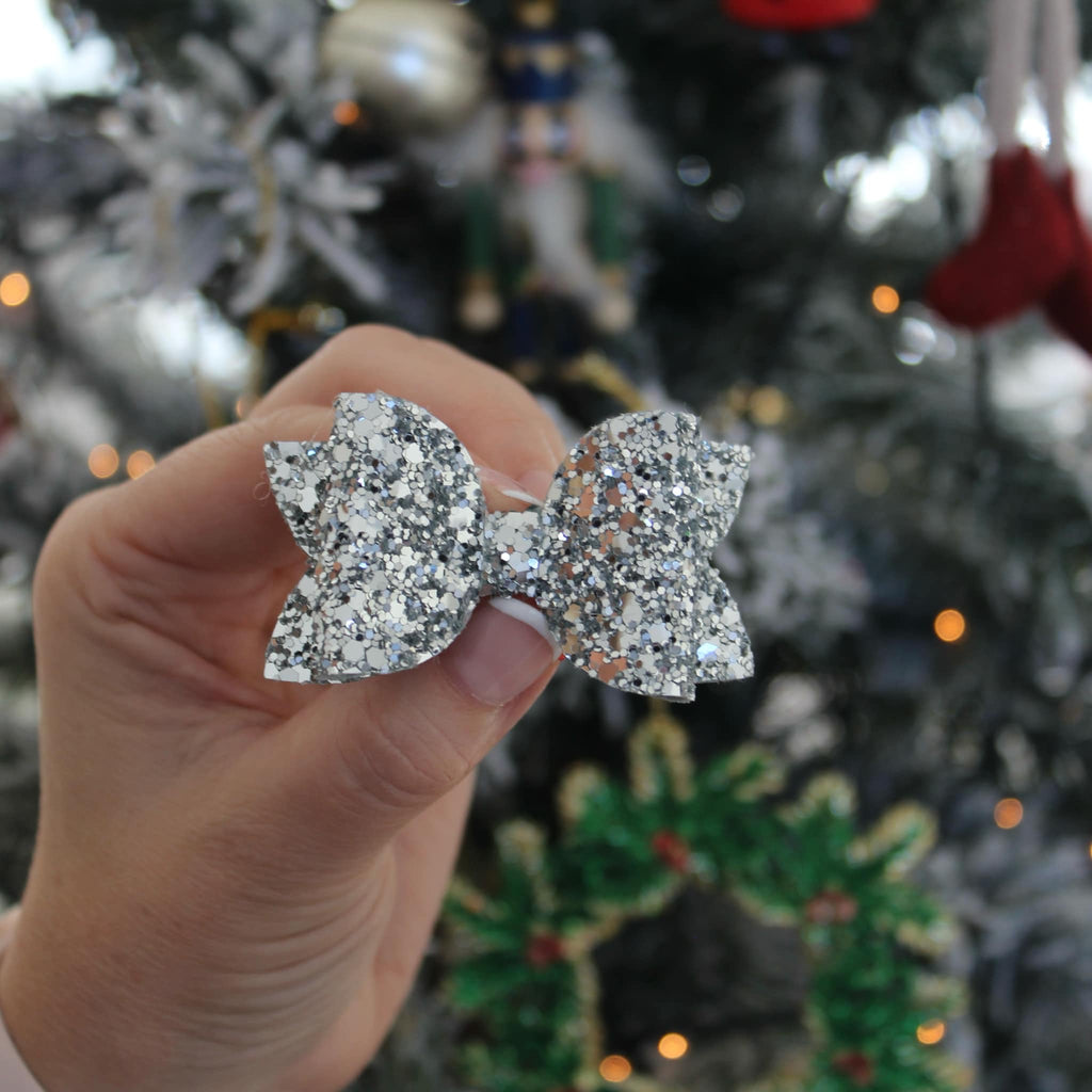 Silver medium deluxe glitter bow | Clip or headband