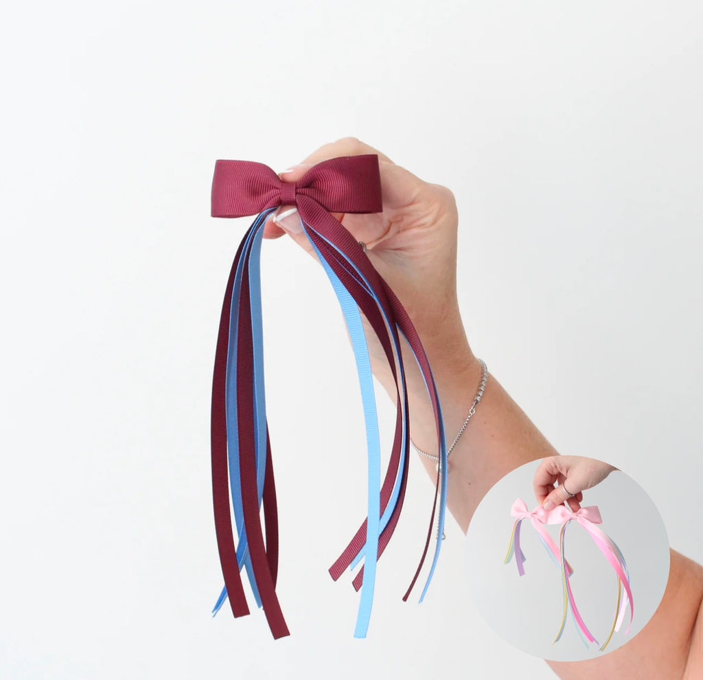 Burgundy & blue tail pinch ribbon bow | 2 sizes | Clip or bobble