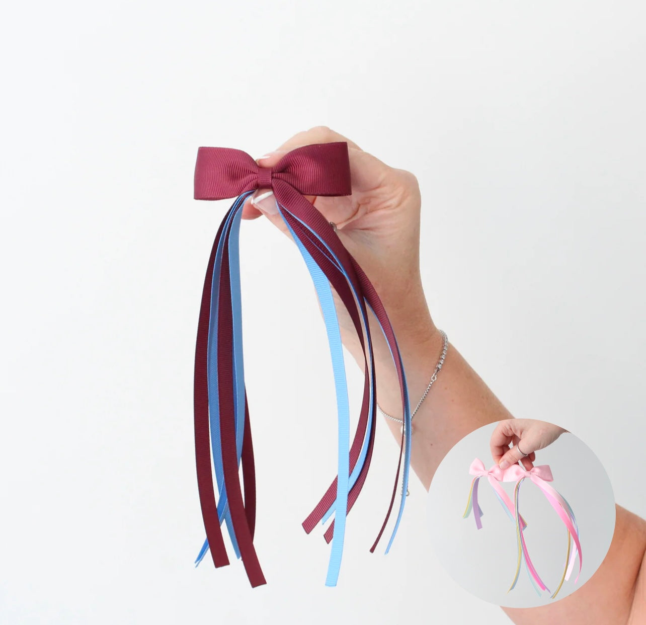 Burgundy & blue tail pinch ribbon bow | 2 sizes | Clip or bobble