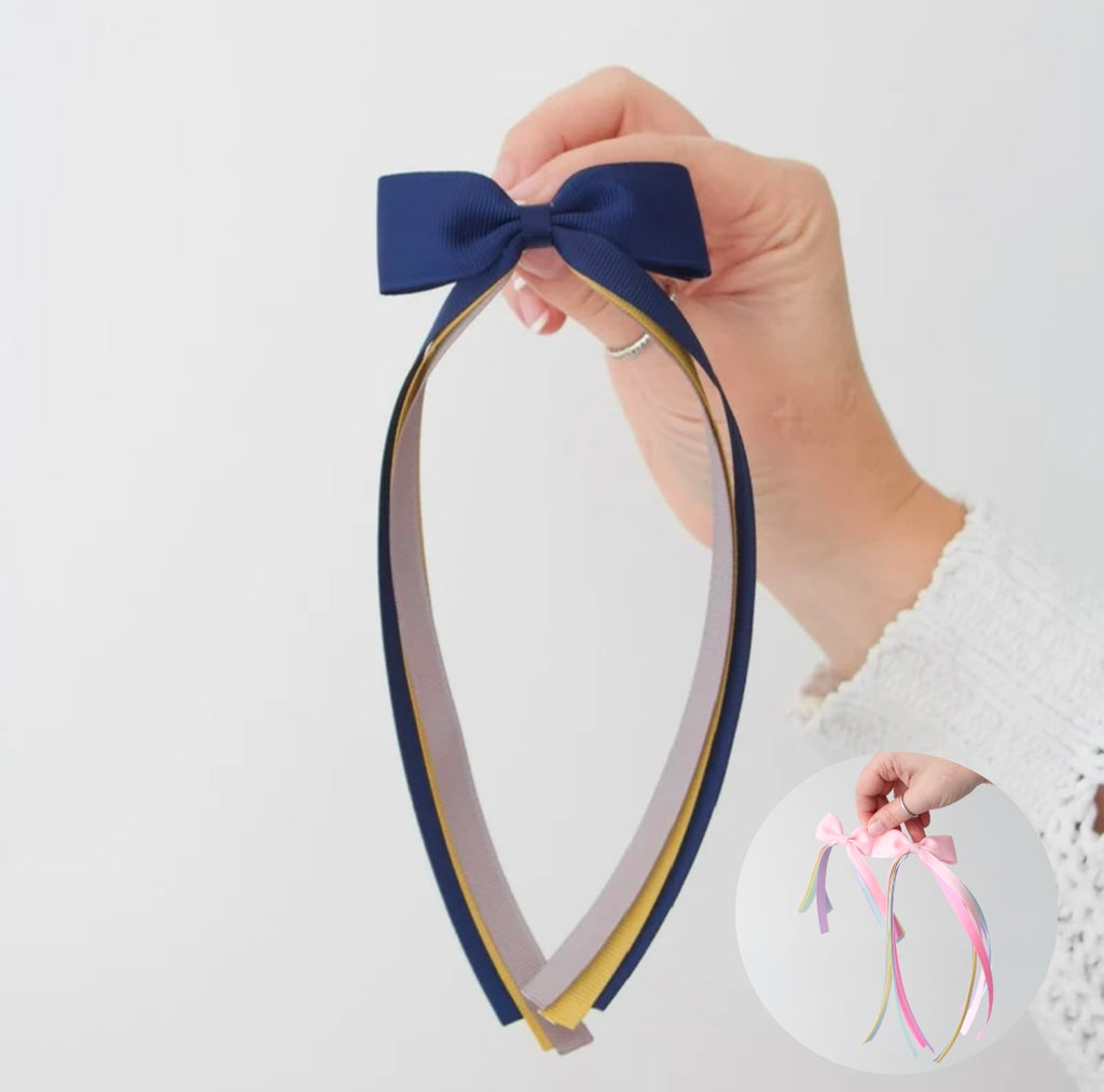Navy, Gold & grey tail pinch ribbon bow | 2 sizes | Clip or bobble