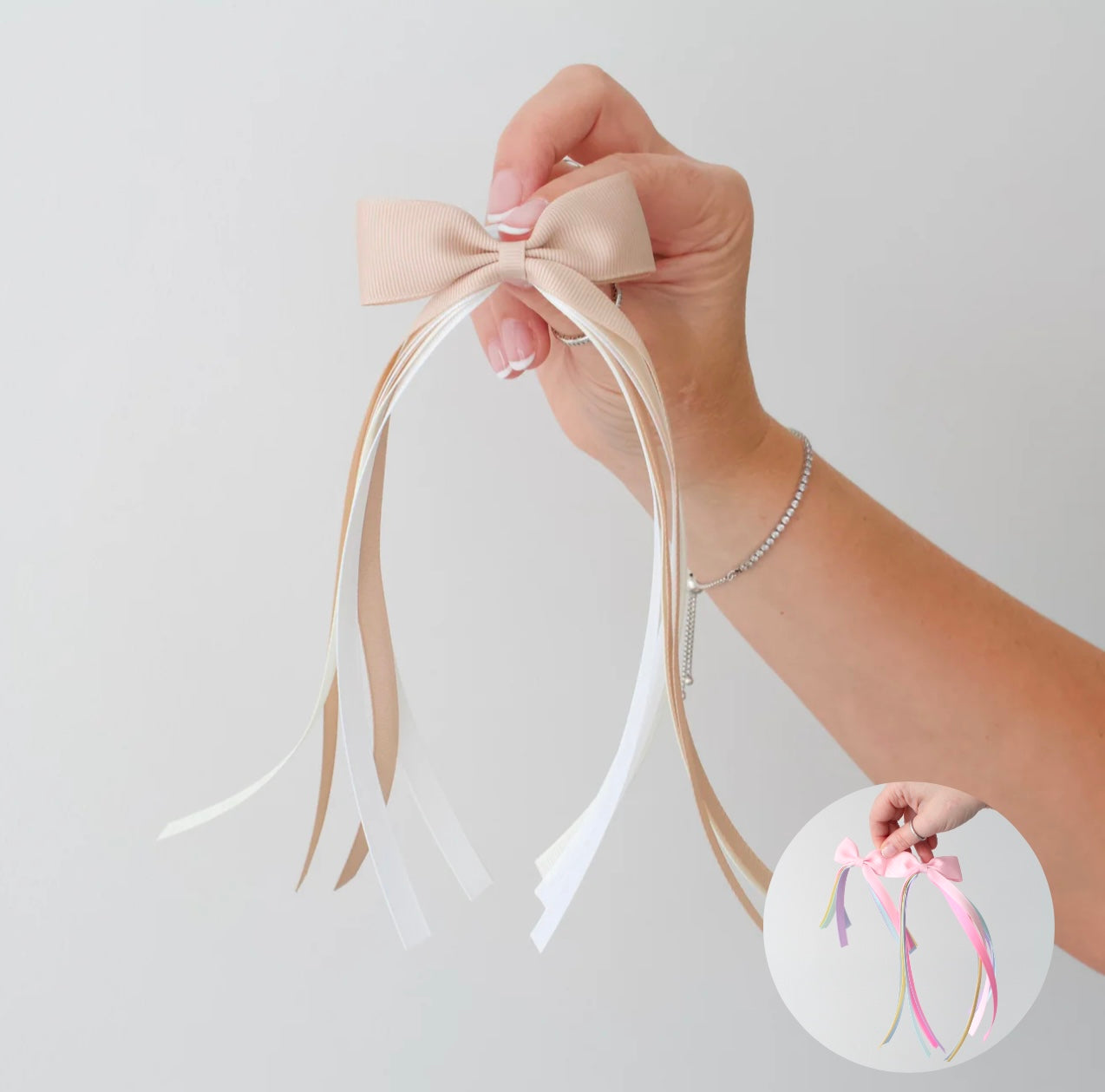Beige tail pinch ribbon bow | 2 sizes| Clip or bobble