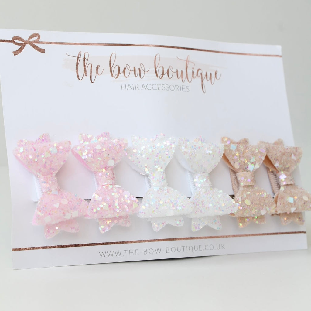 Set of pigtail glitter bows | 2 sizes | Clips or bobbles