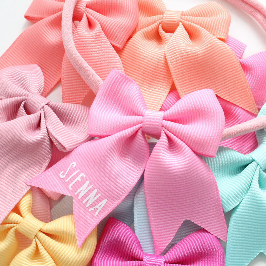 Personalised short tail pinch ribbon bow headbands | 28 colours