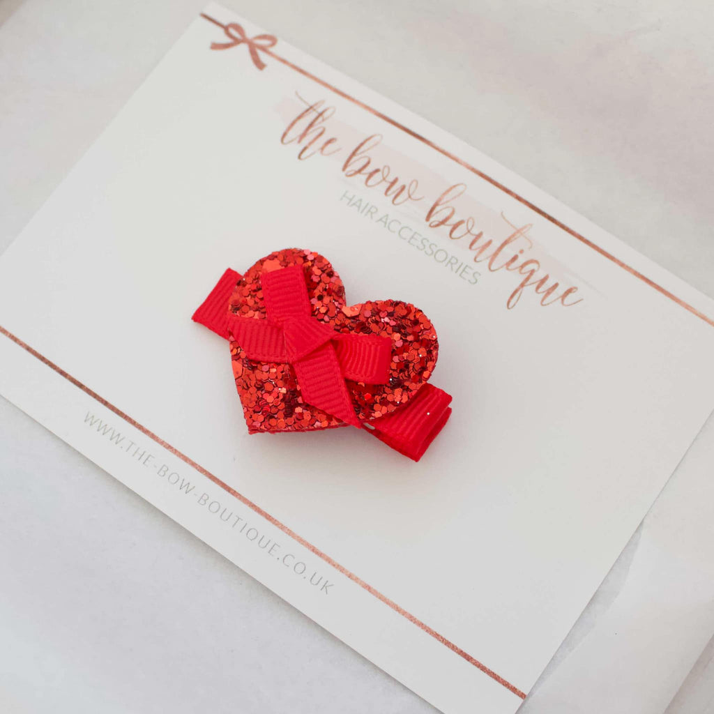 Red glitter heart bow | Clip or headband | Valentines