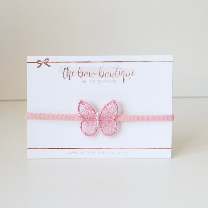 Delicate pink butterfly pearl headband