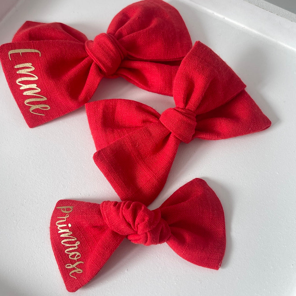 Red bows | 3 Bow styles | Option to personalise | Clip, headband or bobble