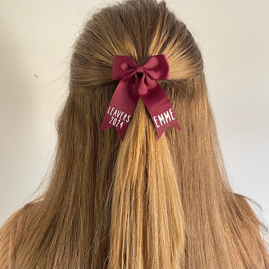 School leavers tail pinch ribbon bows | 13 colours | Option to personalise | Clip or bobble
