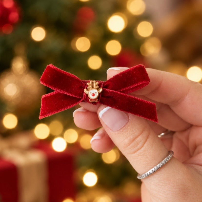 Christmas red reindeer velvet bow | Clip or headband