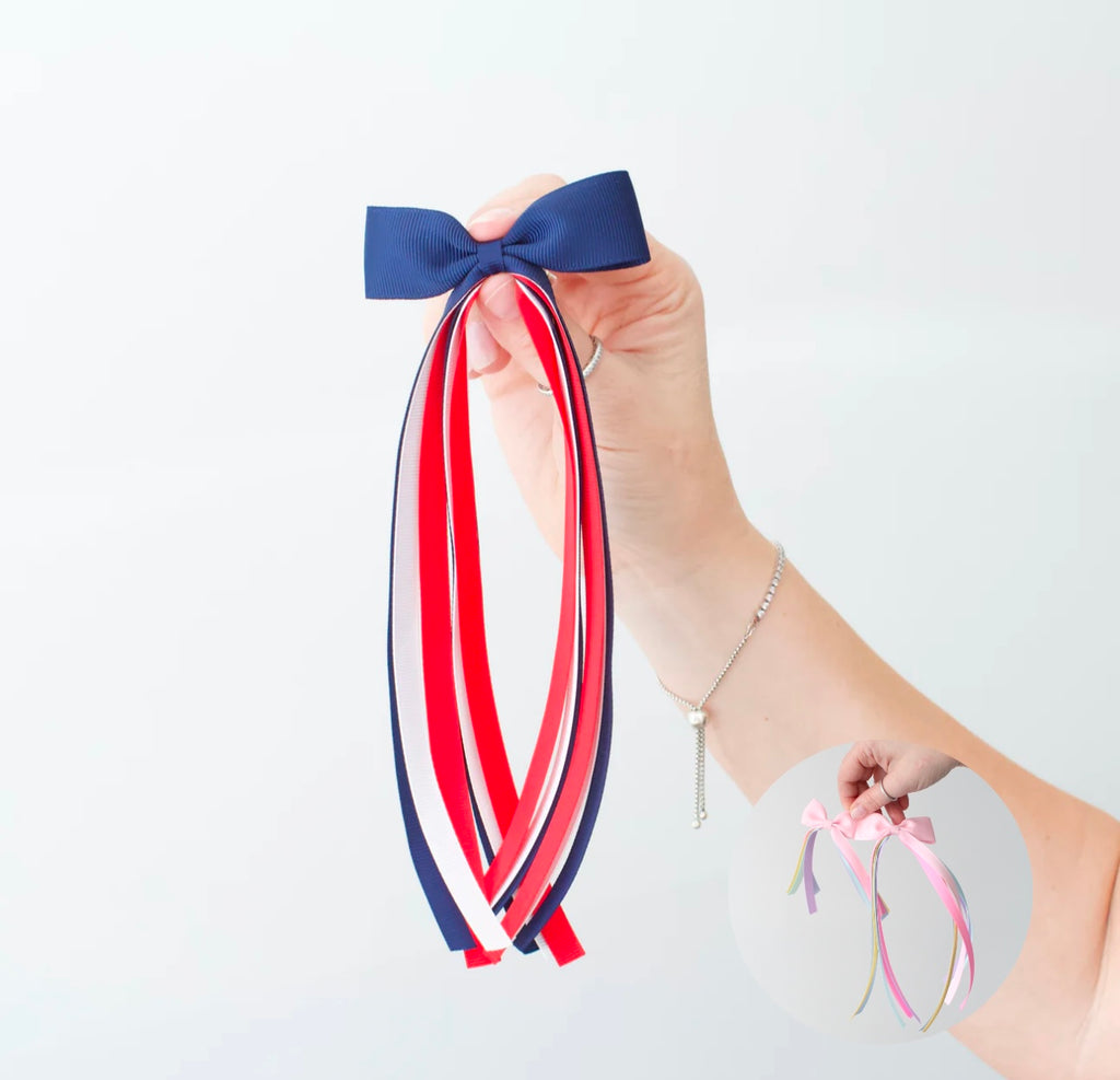 Red, white & blue tail pinch ribbon bow | 2 sizes | Clip or bobble