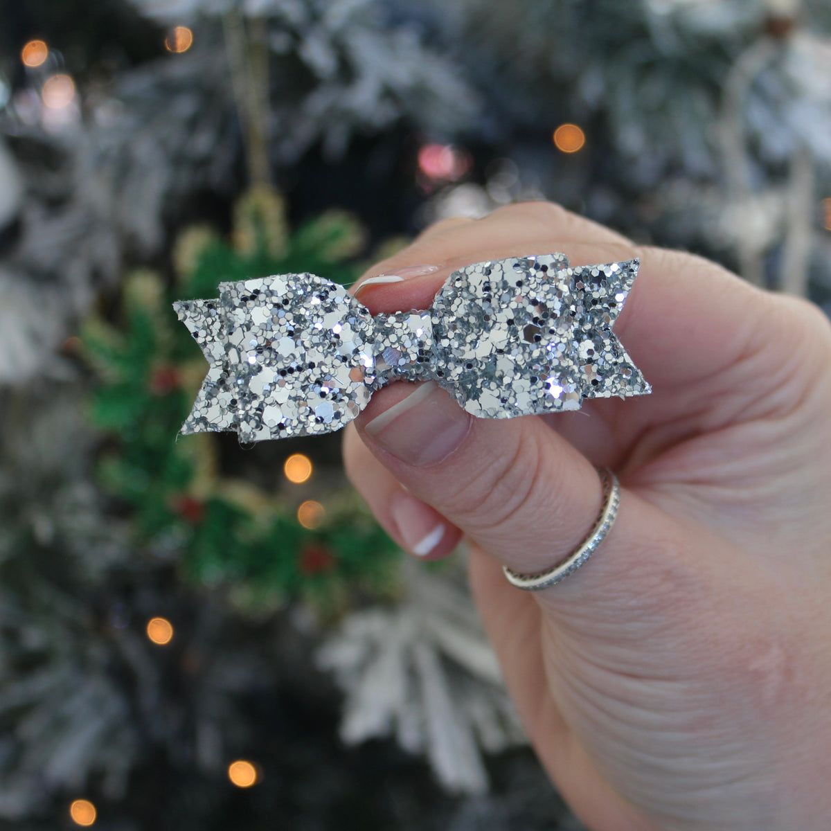 Silver small glitter bow | Clip or headband