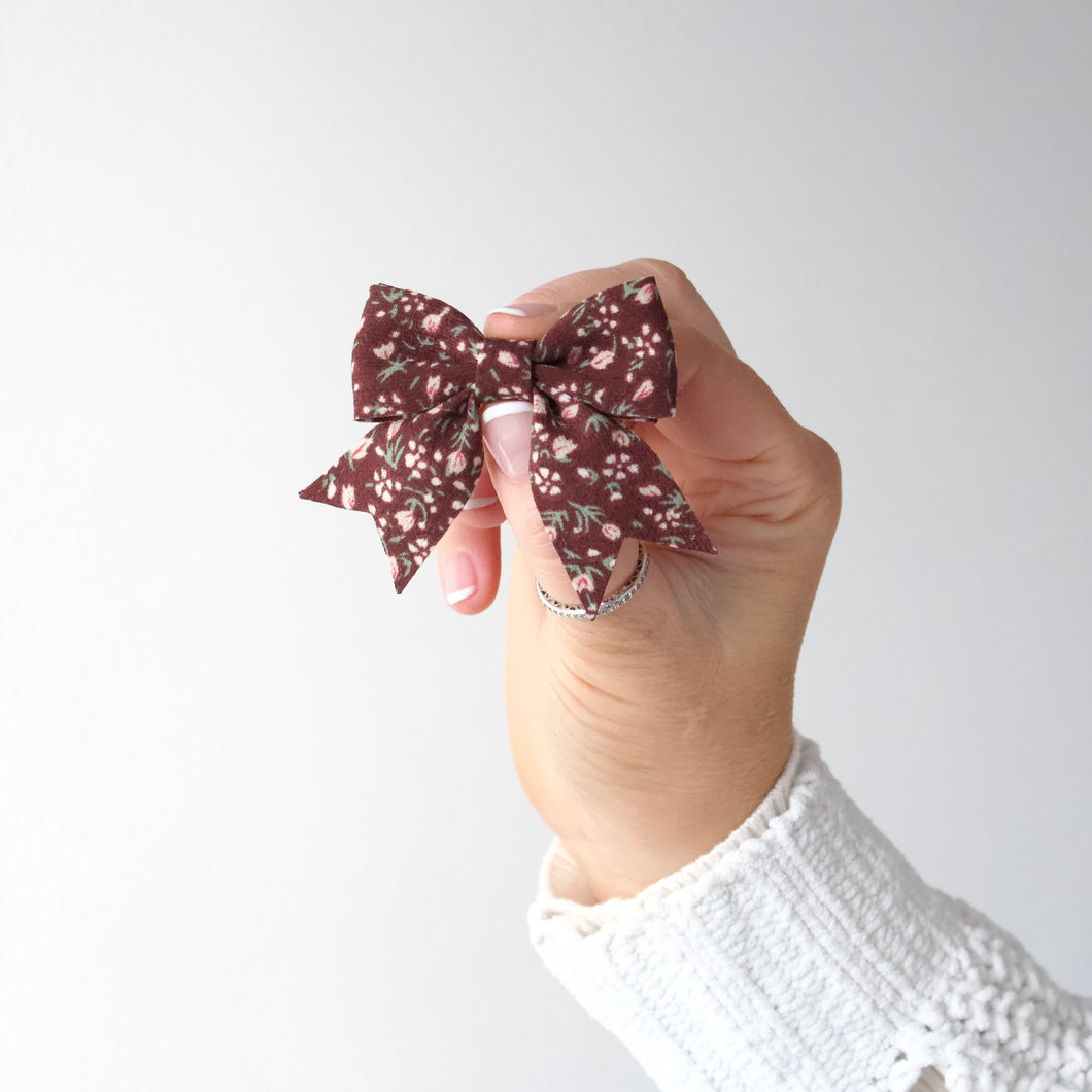 Short tail burgundy & cream floral bow