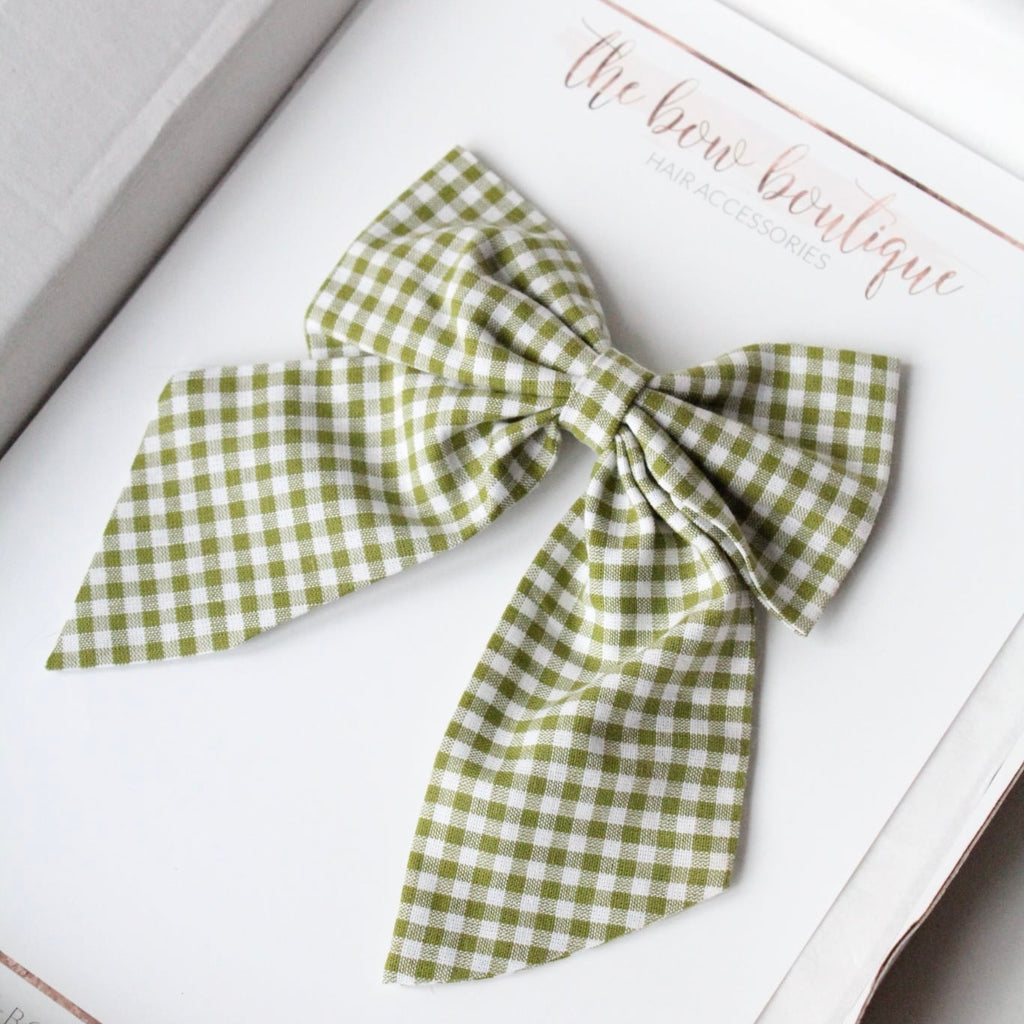 Olive gingham Signature Bow | Clip or bobble