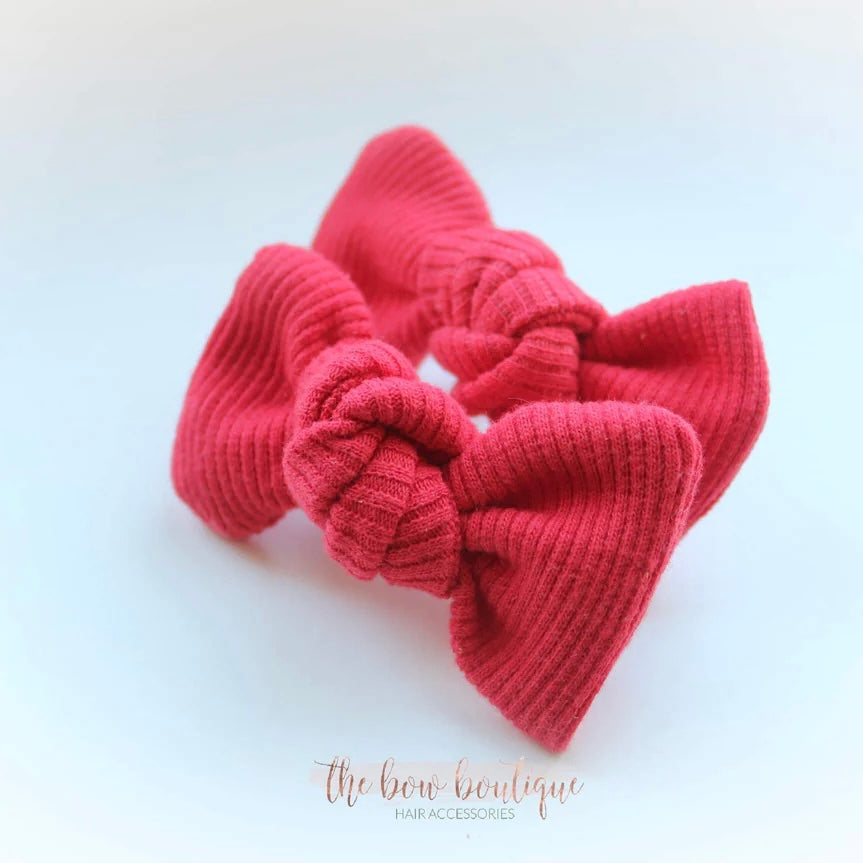 Red ribbed jersey piggy bow set | Clip or bobble