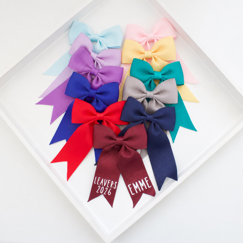 School leavers tail pinch ribbon bows | 13 colours | Option to personalise | Clip or bobble