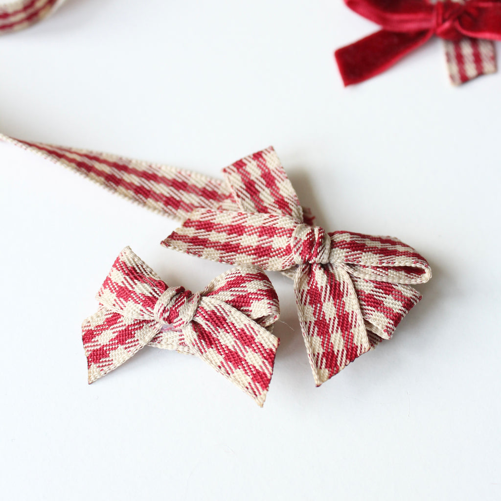 Red & cream checked hand tied bow | 2 Sizes | Clip or headband