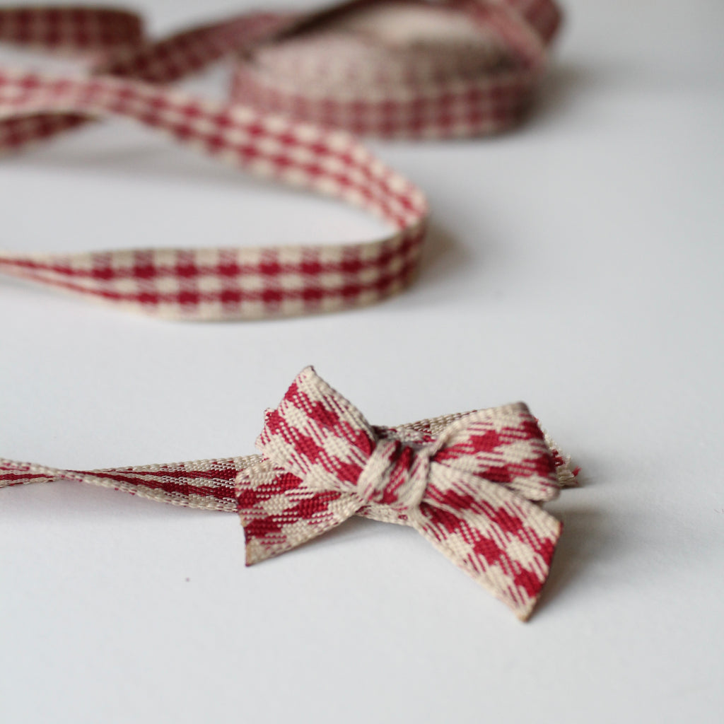 Red & cream checked hand tied bow | 2 Sizes | Clip or headband