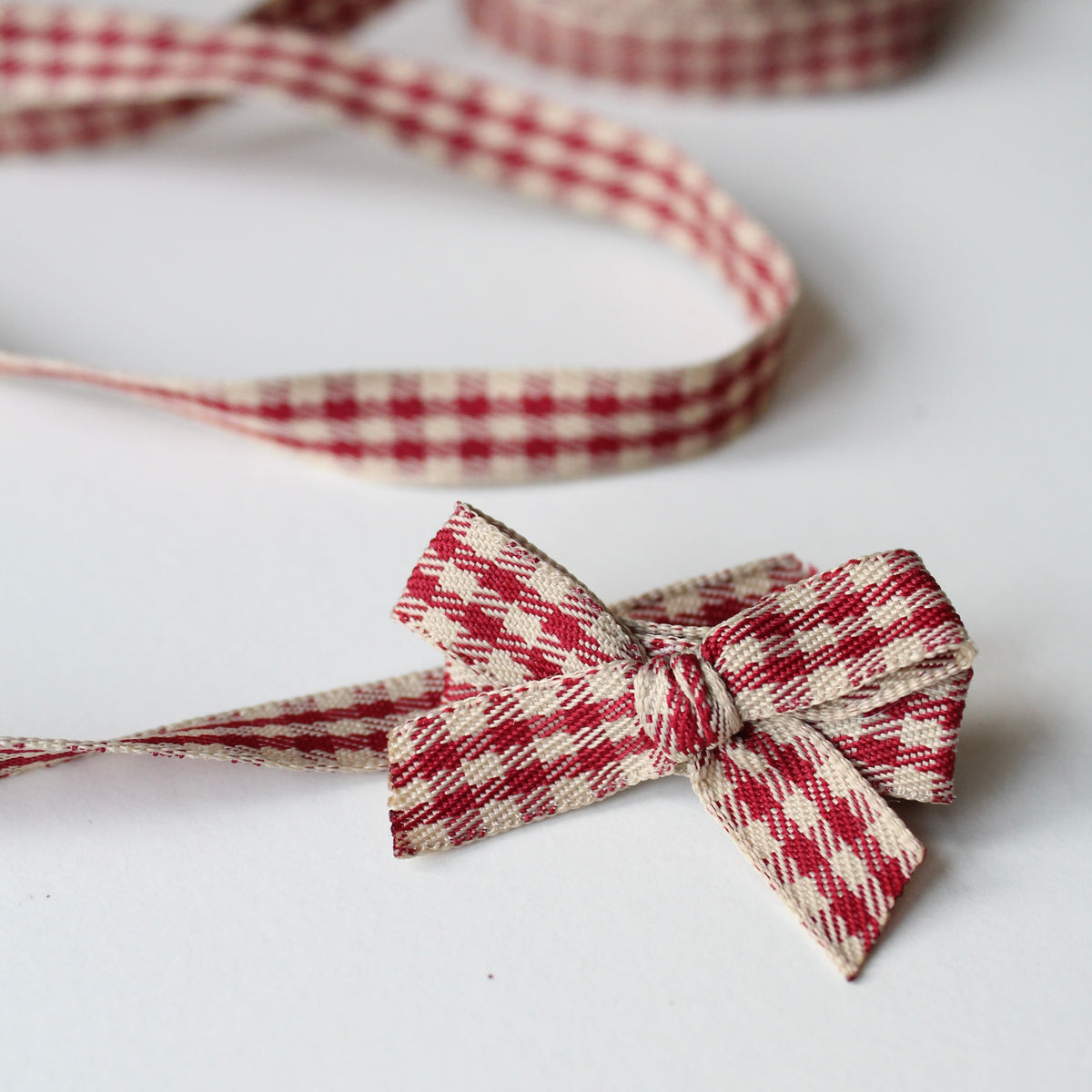 Red & cream checked hand tied bow | 2 Sizes | Clip or headband