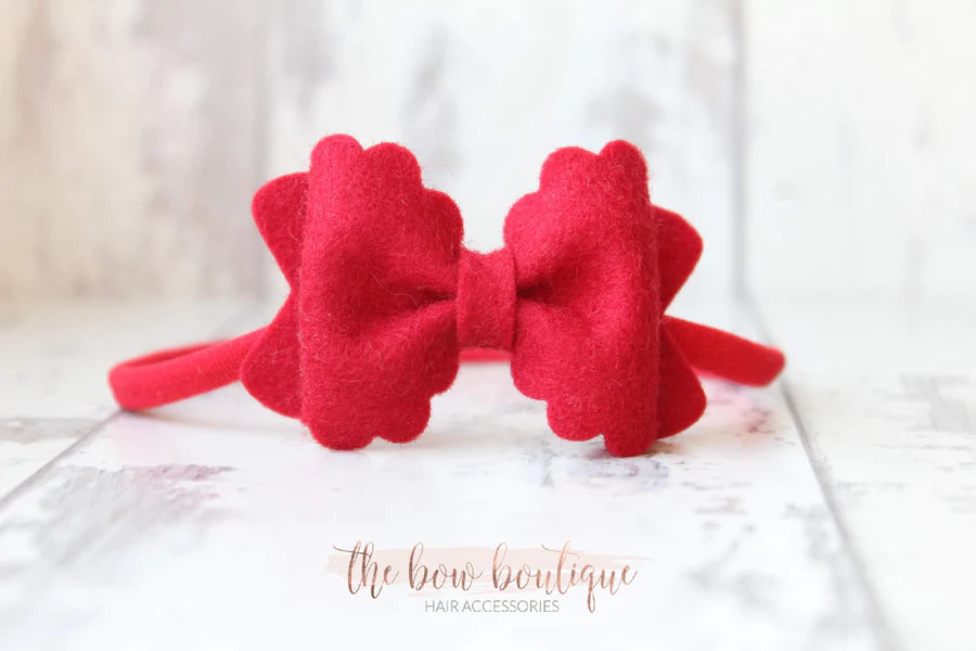 Small luxury scalloped felt bows | 23 Colours | Clip or headband