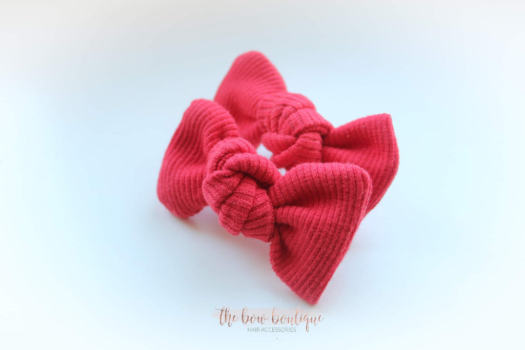 Red ribbed jersey piggy bow set | Clip or bobble