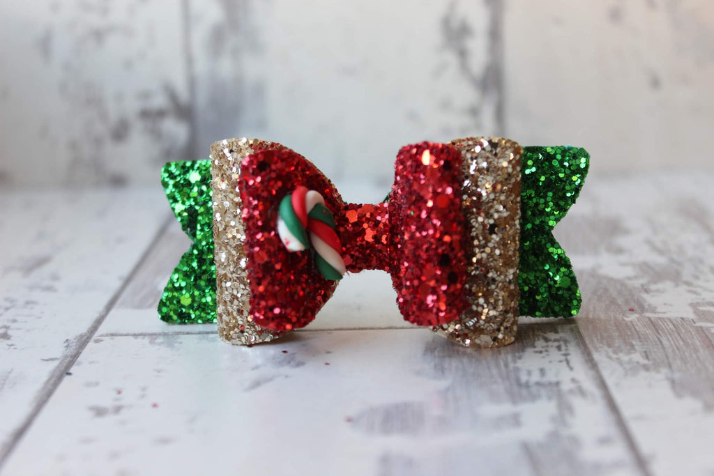 Christmas candy cane glitter bow | Clip or headband