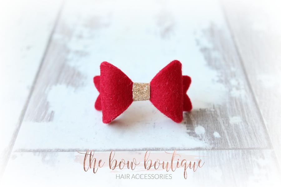 Red mini baby gold centre felt bow clip